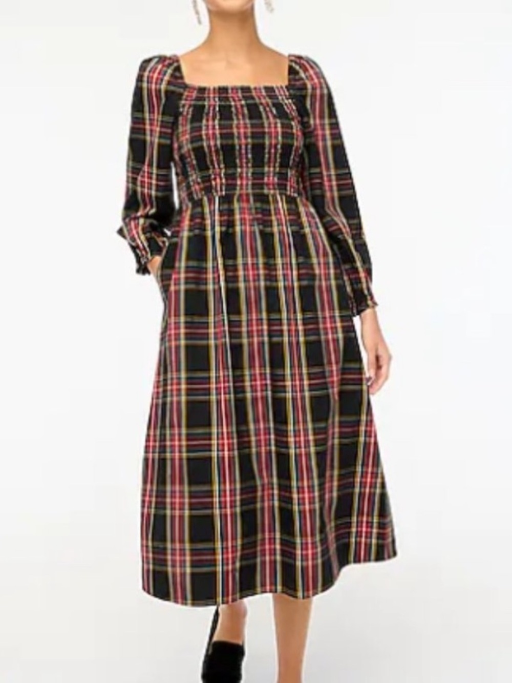 J. Crew Tartan Plaid Smocked Midi Square Neck Long Sleeve Holiday Dress Cotton